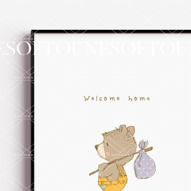 May include: A brown bear with a yellow and blue outfit carries a purple polka dot bag on a stick. The text "Welcome home" is written in brown above the bear.