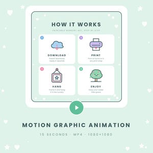 May include: A light green infographic titled HOW IT WORKS, showing four steps for printable nursery art: 1. Download, 2. Print, 3. Hang, 4. Enjoy. Each step features a colorful icon. Below is the text MOTION GRAPHIC ANIMATION 15 SECONDS MP4 1080x1080.