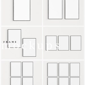 Op de afbeelding: Zes verschillende lay-outs van zwarte fotolijsten op een witte achtergrond. De lijsten zijn allemaal A4-formaat en hebben een dunne zwarte rand. De tekst "FRAME MOCKUPS" is zichtbaar in het midden van de afbeelding.