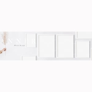 May include: A white wall with six white picture frames of various sizes. The frames are arranged in a staggered pattern. The text "BANNER MOCKUP" is printed in white on the wall.