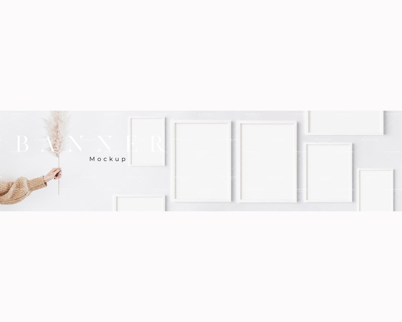 May include: A white wall with six white picture frames of various sizes. The frames are arranged in a staggered pattern. The text "BANNER MOCKUP" is printed in white on the wall.
