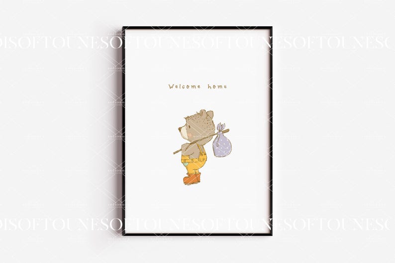 May include: A framed print with a cute cartoon bear carrying a small bag and a stick. The text "Welcome home" is written above the bear.