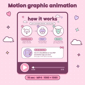May include: A pink motion graphic animation video frame titled how it works, showing three steps: download, print, and enjoy. It includes a digital option for GoodNotes, a play button, a progress bar, and a 15-second duration label.