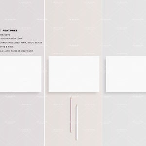 May include: Three blank white cards with rounded corners are arranged horizontally on a light pink background. Two pencils, one pink and one white, are placed vertically on the right side of the image. The text "PRODUCT FEATURES:" is at the top of the image, followed by a list of features: "MOVABLE OBJECTS", "CHANGE BACKGROUND COLOR", "3 BACKGROUNDS INCLUDED: PINK, NUDE & GRAY", "2 PENS: WHITE & PINK", "MULTIPLY AS MANY TIMES AS YOU WANT".