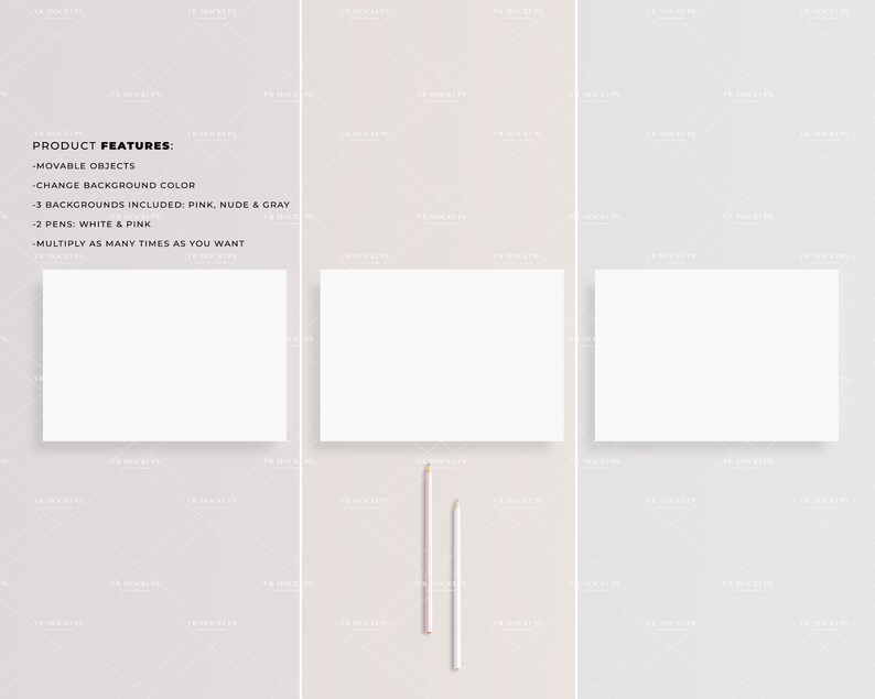 May include: Three blank white cards with rounded corners are arranged horizontally on a light pink background. Two pencils, one pink and one white, are placed vertically on the right side of the image. The text "PRODUCT FEATURES:" is at the top of the image, followed by a list of features: "MOVABLE OBJECTS", "CHANGE BACKGROUND COLOR", "3 BACKGROUNDS INCLUDED: PINK, NUDE & GRAY", "2 PENS: WHITE & PINK", "MULTIPLY AS MANY TIMES AS YOU WANT".