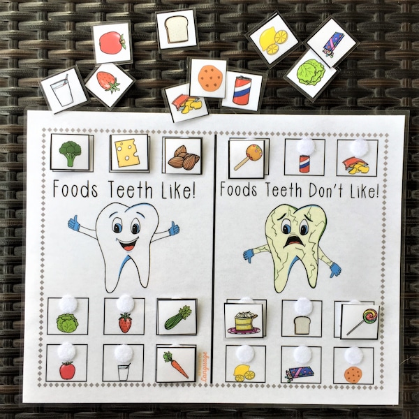 MATCH the Foods Teeth Like and Don't Like Activity, Dental Health, Education, Autism, Preschool, Printable PDF