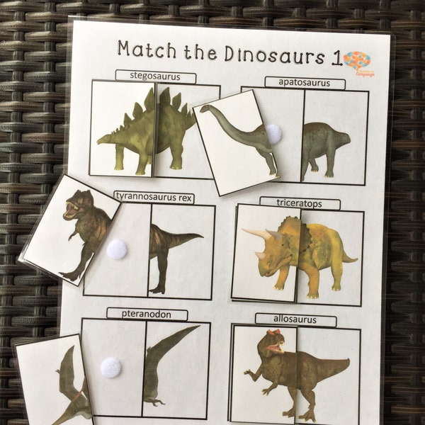 Match the Dinosaurs 1 Activity, Front and Back, Match the Tails to the Heads, Autism and Preschool PDF Printable