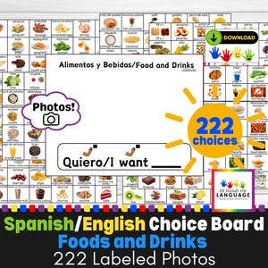 Spaans/Engels tweetalig keuzebord met 222 fotokaarten voor eten en drinken, autisme, non-verbaal, onafhankelijkheidsvaardigheden, afdrukbaar pdf-bestand