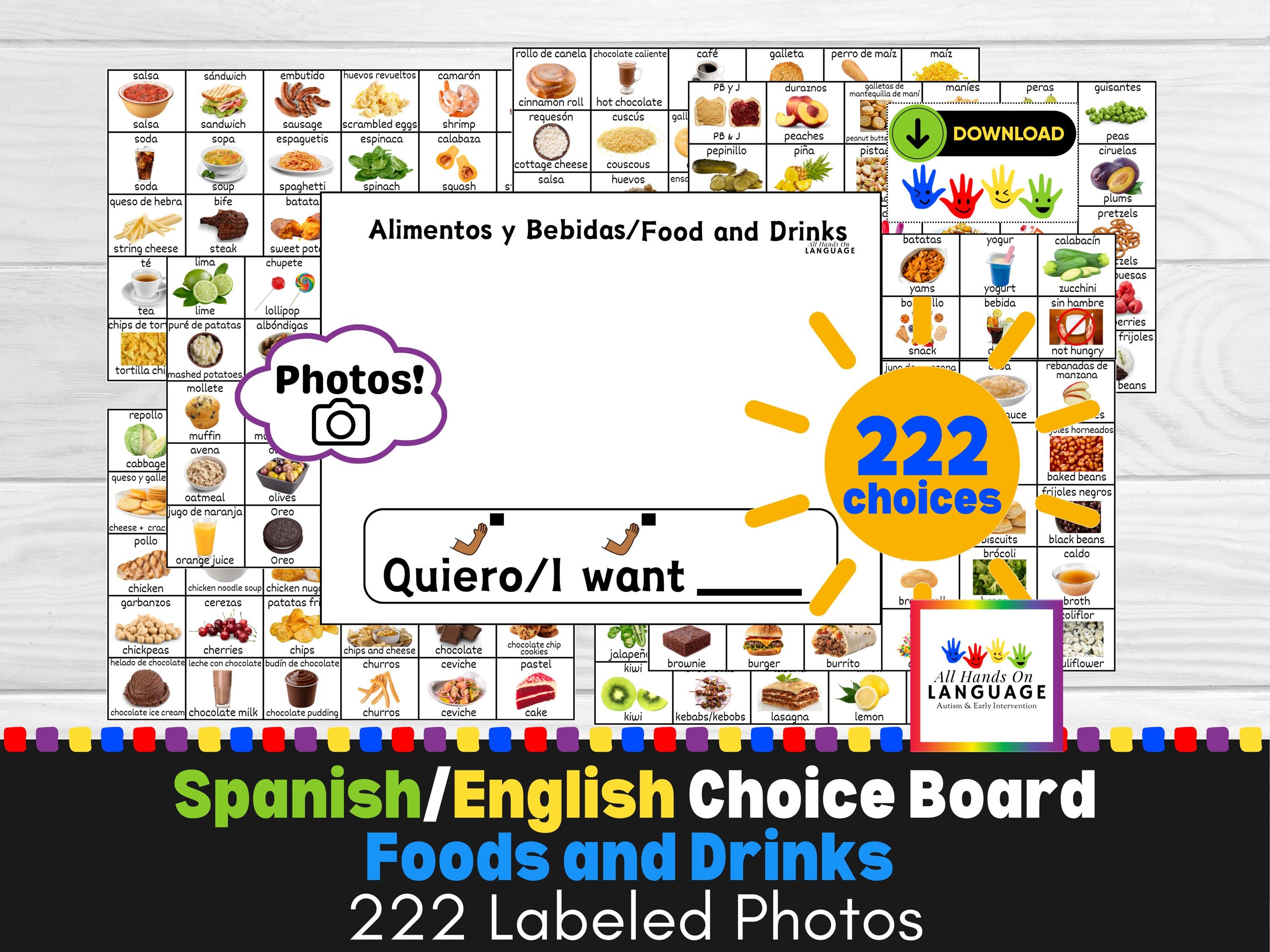 Spanish/English Bilingual Choice Board with 222 Food + Drink Photograph Choice Cards, Autism, NonVerbal, Independence Skills, PDF Printable