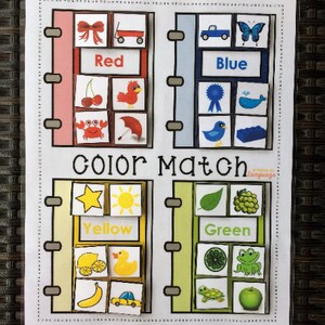 May include: A color matching game for kids. The game has four sections: red, blue, yellow, and green. Each section has a word, a picture of the color, and three other pictures that are that color.