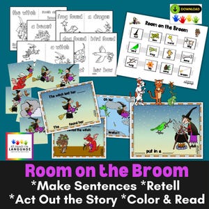 Puede incluir: Una colección de hojas de actividades educativas de Room on the Broom que incluye páginas para colorear en blanco y negro, tarjetas de cuentos coloridas y una cuadrícula de vocabulario con ilustraciones de una bruja, gato, perro, pájaro, rana, dragón y escoba.