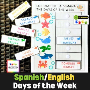 Actividad bilingüe en español e inglés para ordenar los días de la semana, con imágenes y colores, tema bajo el mar, PDF imprimible