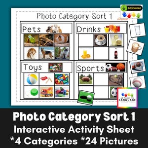 May include: An educational chart labelled "Photo Category Sort 1" with images sorted into Pets, Drinks, Toys, and Sports. The chart features pictures of animals, drinks, toys, and sports items. The text on the chart says "Interactive Activity Sheet" and "*4 Categories *24 Pictures."