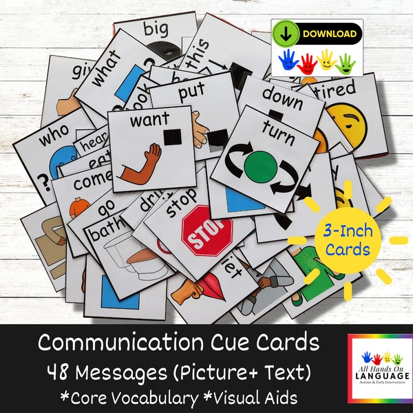 Core Vocabulary Cue Cards, 48 Words + Pictures on 3-inch Cards, Aided-Language, AAC, Non Verbal, Pre Verbal, Autism, ESOL, PDF Printable