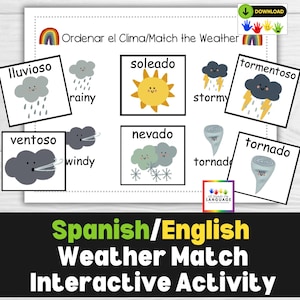 Activité d'association de la météo espagnol anglais, 6 types de cartes météo étiquetées avec des visages heureux, préscolaire, autisme, PDF imprimable