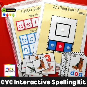 Conjunto de ortografía de palabras CVC con 20 tarjetas didácticas, 20 imágenes y 20 letras codificadas por colores para practicar la ortografía de palabras de 3 letras, autismo, PDF imprimible