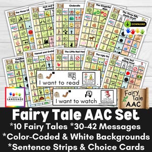 Tableros de AAC de cuentos de hadas, 10 historias, papel blanco y codificado por colores, tiras de oraciones + tarjetas de opciones, material visual para preescolares, autismo del habla (PDF)