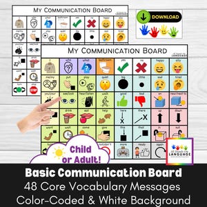 Basic Communication Board-48 Core, Color Coded + White Background, Aided-Language, AAC, Non Verbal, Pre Verbal, Autism, ESOL, PDF Printable