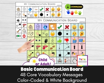 Basic Communication Board-48 Core, Color Coded + White Background, Aided-Language, AAC, Non Verbal, Pre Verbal, Autism, ESOL, PDF Printable