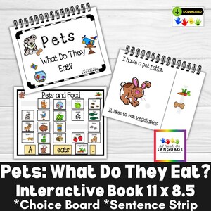 Pets What Do They Eat? Interactive Book Set, Feed Pets and Make Sentences, Autism, Speech Therapy, PDF Printable