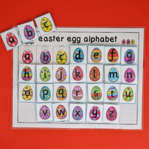 Actividad de combinación de letras minúsculas de huevos de Pascua, combina 26 huevos de colores con letras, PDF imprimible para niños en edad preescolar y autismo