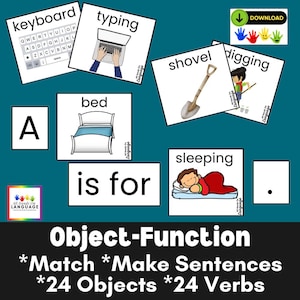 Op de afbeelding: Educatieve flashcards met illustraties en tekst voor het matchen van objecten en functies. Kaarten tonen woorden zoals keyboard, typing, shovel, digging, bed en sleeping. Bevat een downloadpictogram, de tekst A is for en de titel Object-Function.