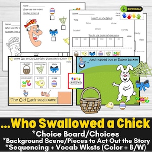 Old Lady Who Swallowed a Chick Story Companion Activities, Sentence Formulation, Sequencing, Act Out the Story, Speech Autism, PDF Printable