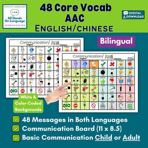 May include: A bilingual English and Chinese 48 core vocabulary AAC communication board featuring colour-coded grid squares with icons and text. The digital download includes 48 messages for children or adults, measuring 11 by 8.5 inches as indicated.
