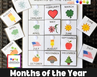 Months of the Year Matching Activity, Labeled Months with Associated Pictures, Autism and Preschool Busy Book Page PDF Printable