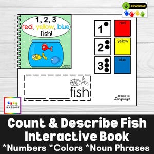 1, 2, 3 Rot, Gelb, Blaue Fische! Interaktives Buch zum Zählen + Beschreiben + Substantivsätze, Vorschule, Sprache, Autismus, PDF zum Ausdrucken