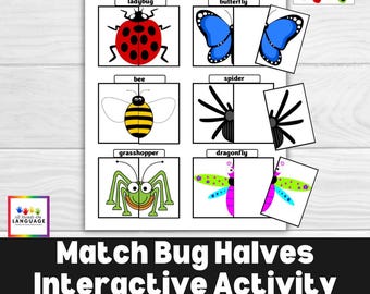 Match the Bug Halves Interactive Activity, Left and Right, Symmetry, Autism and Preschool PDF Printable