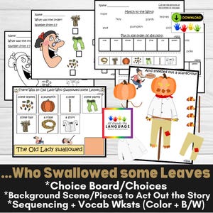 Old Lady Who Swallowed Some Leaves Story Companion Activities, Sentence Formulation, Sequencing, Autism, Speech Therapy, PDF Printable