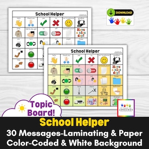 School Helper Communication Board, 30 Messages for Assisting with Laminating and Paper Tasks, AAC, Non Verbal Autism, PDF Printable