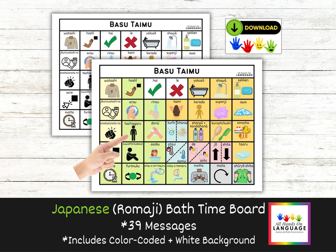 Japaneseromaji Bath Time Communication Board, Aided Language, AAC, ASL, Non Verbal, Autism