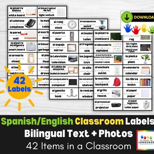 Bilingual Spanish/English Labels for the Classroom, 42 Classroom Words with Text and Photos, Autism, ESOL, Child or Adult, PDF Printable