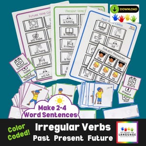 Op de afbeelding: Educatieve flashcards voor het leren van onregelmatige werkwoorden. De kaarten zijn kleurgecodeerd en bevatten illustraties en tekst voor verleden, heden en toekomst. Bevat onderwerpvoornaamwoordkaarten en zinsbouwprompts. De tekst op de kaarten luidt "Make 2-4 Word Sentences."