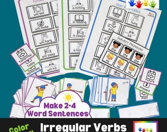 May include: Educational flashcards for learning irregular verbs. The cards are color-coded and feature illustrations and text for past, present, and future tenses. Includes subject pronoun cards and sentence-building prompts. The text on the cards reads "Make 2-4 Word Sentences."