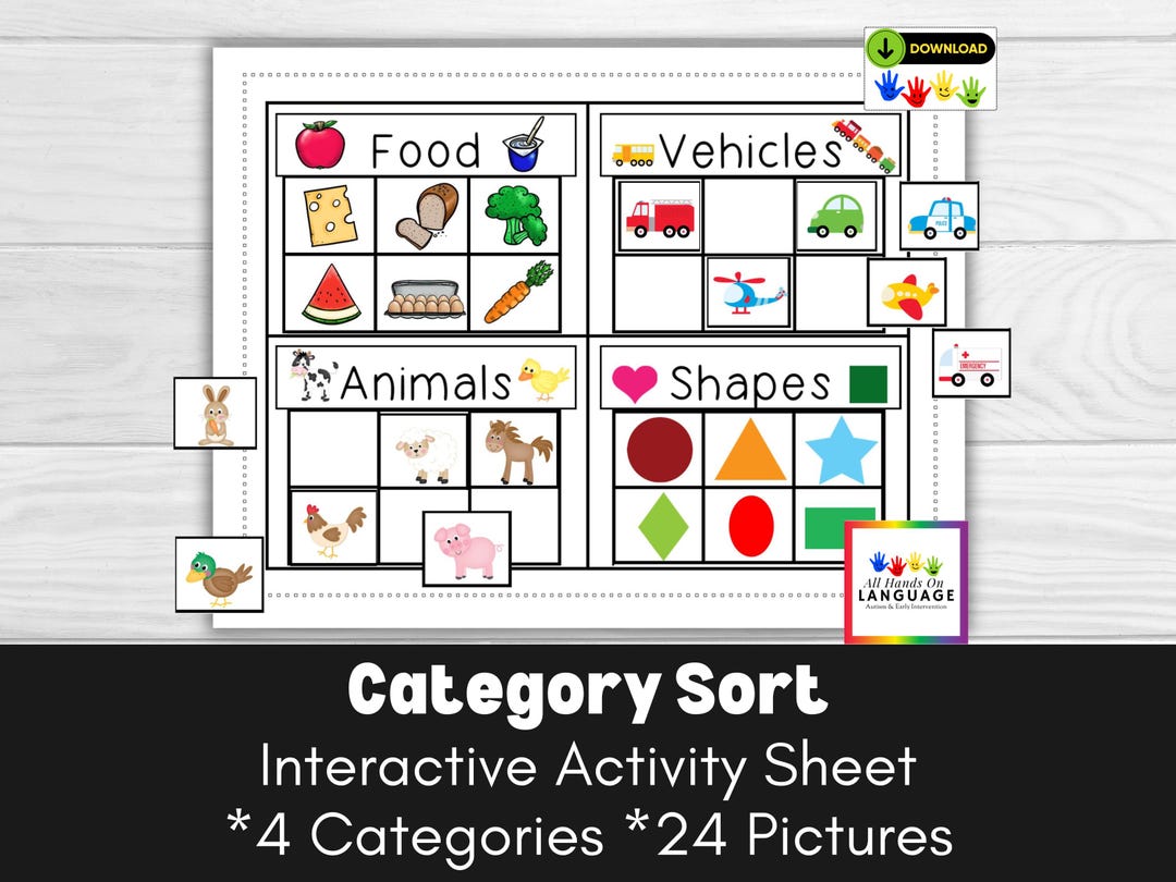 Category Sort Activity 4 Categories 24 Pictures Food Animals