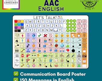 Könnte beinhalten: Ein rechteckiges AAC-Kommunikationsboard-Poster mit der Überschrift Let's Talk, das eine QWERTY-Tastatur, Zahlen und ein Raster aus 150 farbigen Symbolen mit englischen Textbeschriftungen für die tägliche Kommunikation enthält.