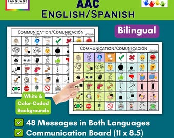 May include: A bilingual communication board in English and Spanish, featuring 48 core vocabulary words. The board has color-coded backgrounds and measures 11 x 8.5 inches. Designed for children or adults.