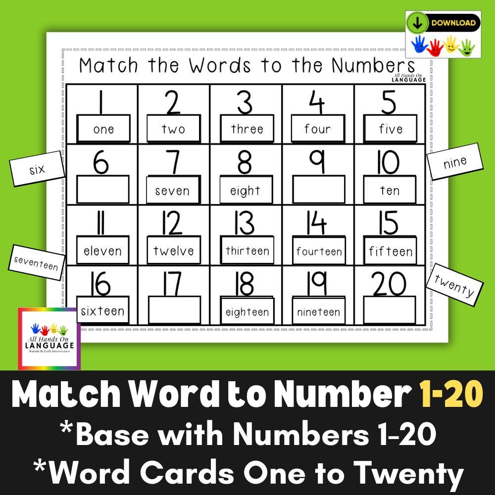 Numbers 1-20 Matching Activity: Match Word to Number, Autism