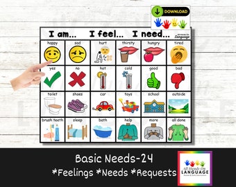 Basic Needs-24 Communication Board, I Am. I Feel. I Need. Aided-Language, AAC, Non Verbal, Pre Verbal, Autism PDF Printable