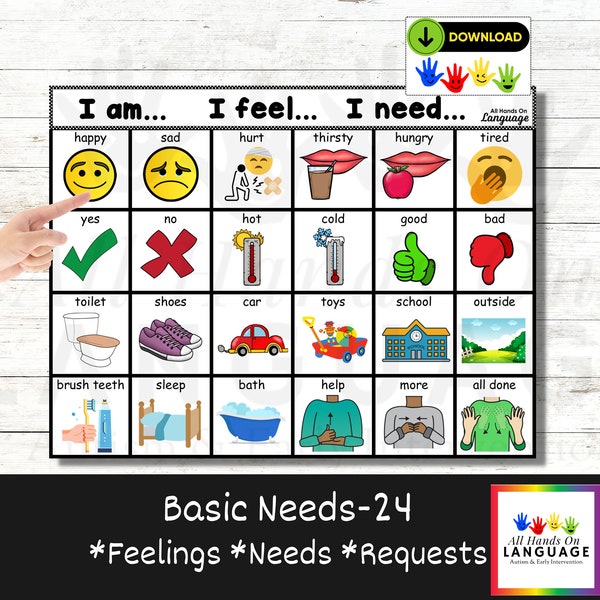 Basic Needs-24 Communication Board, I Am. I Feel. I Need. Aided-Language, AAC, Non Verbal, Pre Verbal, Autism PDF Printable