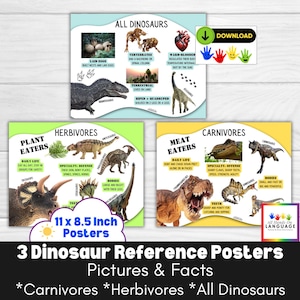 Dinosaurusreferentieposters: foto's en feiten over carnivoren, herbivoren + algemene eigenschappen van alle dinosauriërs, afdrukbaar pdf-formaat (VS)