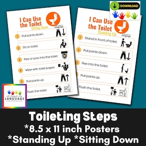 May include: Two white posters with instructions for using the toilet, one for sitting and one for standing. Each poster has numbered steps with illustrations. The posters are labeled "I Can Use the Toilet" and "Toileting Steps".