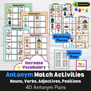 Set of 4 Interactive Antonym Matching Activity Sheets, 10 Opposite Pairs each: Nouns, Verbs, Adjectives and Positions, Autism PDF Printable