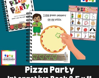 May include: An interactive spiral-bound book titled Pizza Party featuring a cartoon character, a pizza graphic, and the text I like green peppers on my pizza. Includes a communication board with grid icons and a download icon with colorful hands.