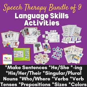 May include: A speech therapy bundle of 9 language skills activities featuring printed worksheets, cards, and booklets with illustrations of people, animals, and objects. The text includes Speech Therapy Bundle of 9 Language Skills Activities and All Hands On Language.