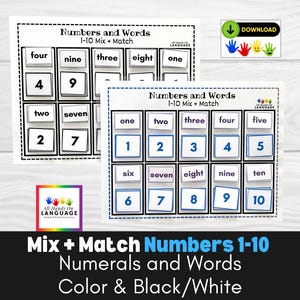 Numbers 1-10 Matching Game: Numerals and Words (PDF Printable, 2 Versions)