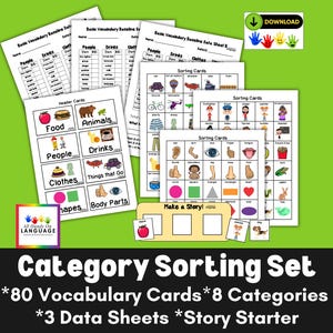 Tri par catégories de base et jeu d'étiquettes, 8 catégories + 80 cartes de tri + 3 fiches techniques, Orthophonie, Autisme, PDF imprimable